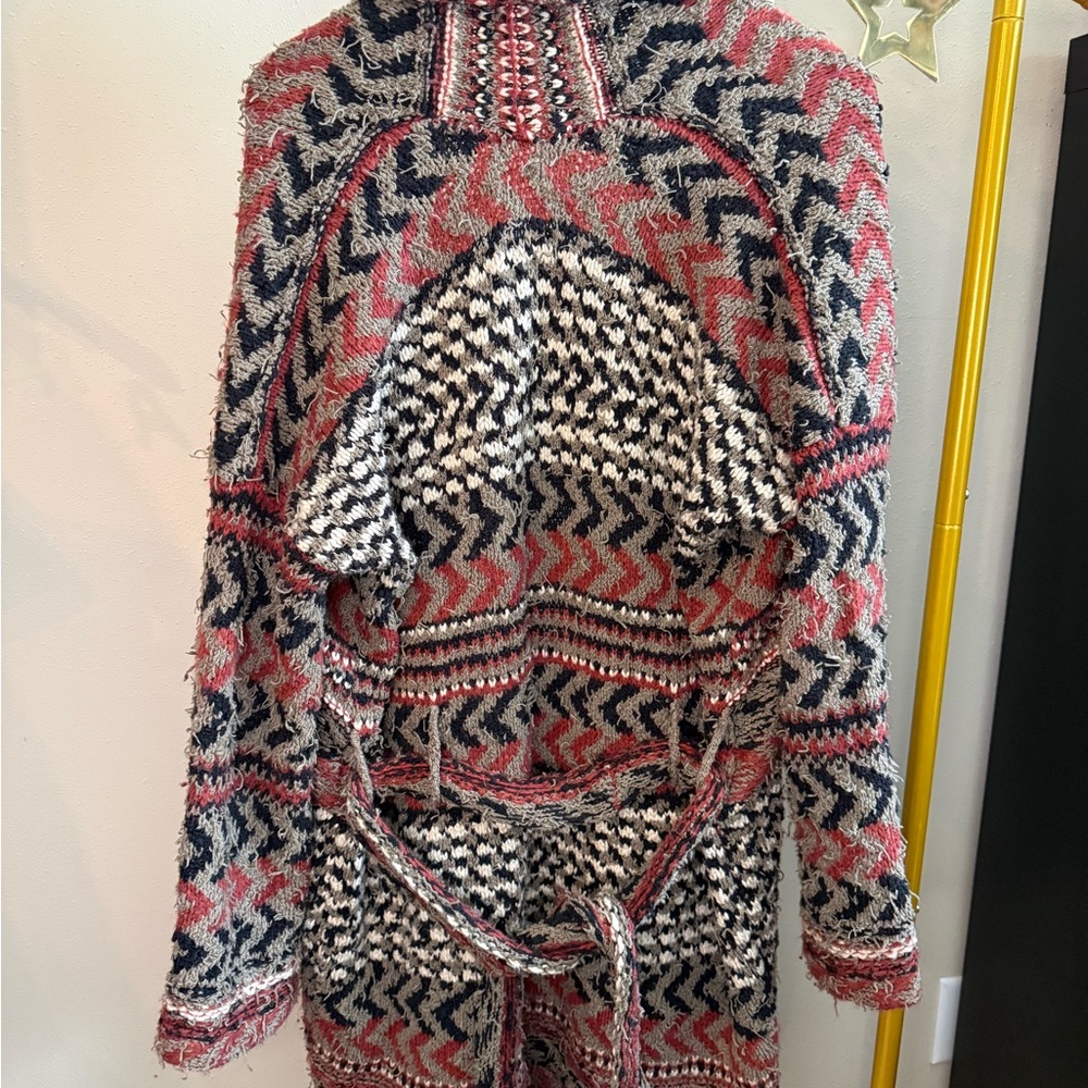Free People Geometric Hooded Belted Duster Cardigan Boho Knit Size S - Picture 2 of 6